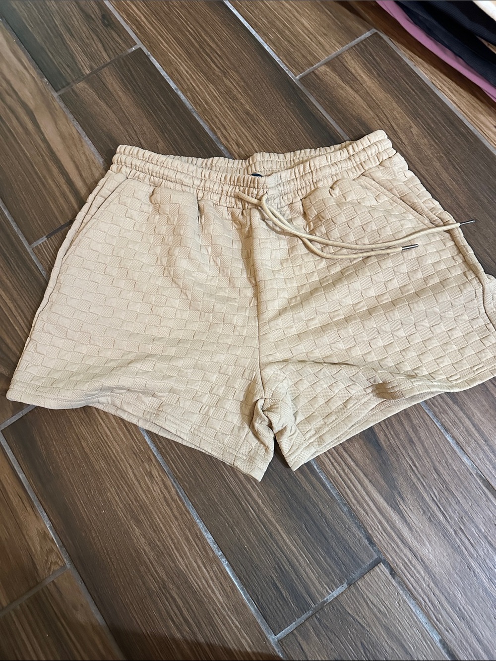 Kali Rose Cream Textured Woven High-Waist Drawstring Shorts